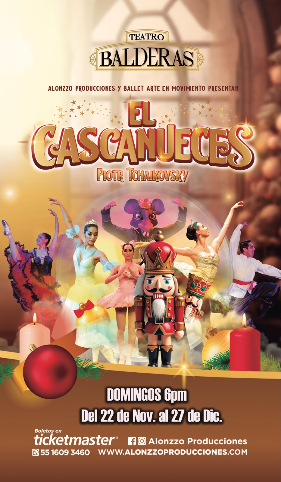 Cartel navideño de El Cascanueces con bailarines, un cascanueces de juguete y el Rey Ratón, en el Teatro Balderas.