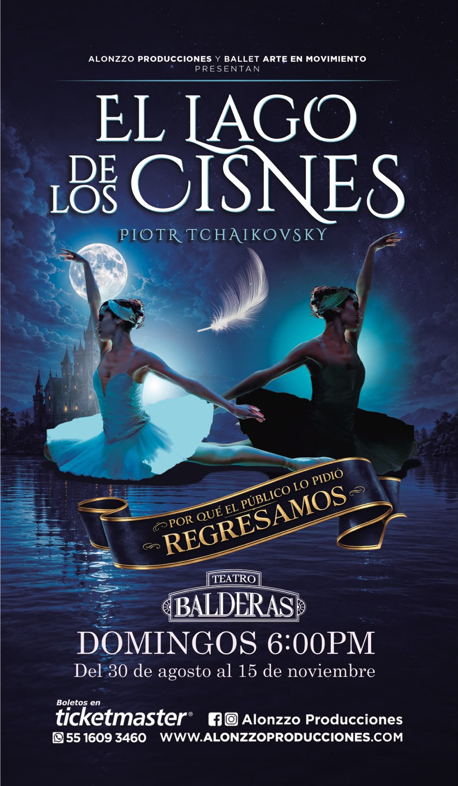Cartel de El Lago de los Cisnes: dos bailarinas como cisne blanco y cisne negro bajo la luna, en el Teatro Balderas.
