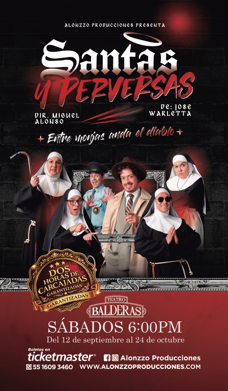 Cartel de Santas y Perversas, comedia de José Warletta con monjas y un detective, en el Teatro Balderas.
